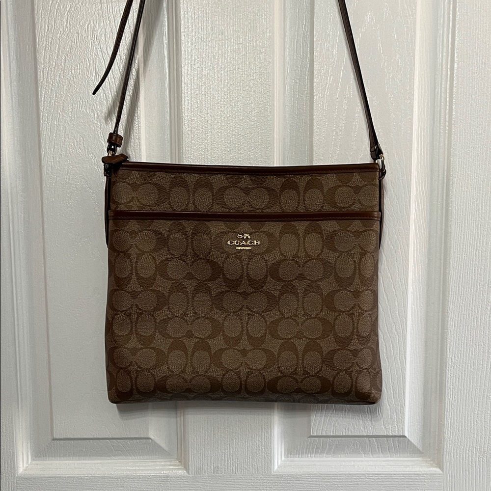 COACH Luxury Signature File Bag Khaki Dark Brown Leather